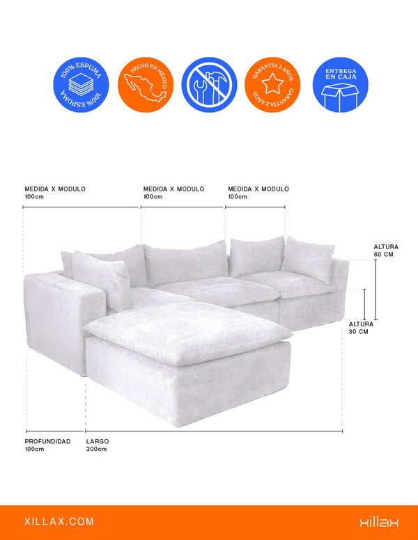 Sofa Chaise Cotton -Set de 4 Pzs, 100% espuma, en caja